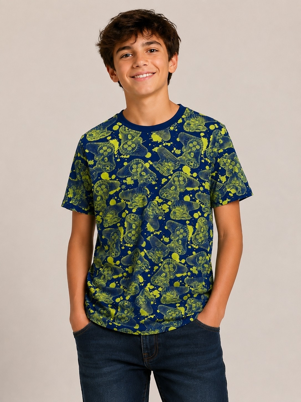 Boys Neon Green and Navy Game Controller Graphic Tee Size XL 14/16